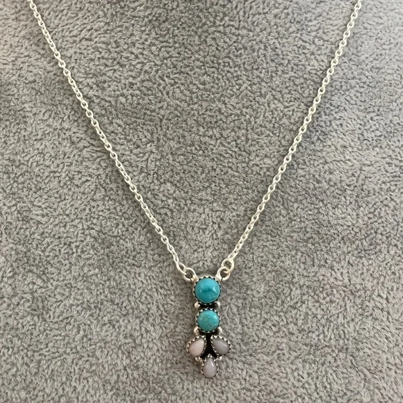 ❤️ Bluebird Turquoise & Pink Opal 925 Southwestern Navajo Necklace 18+2”L 11.4Gm - Picture 4 of 12